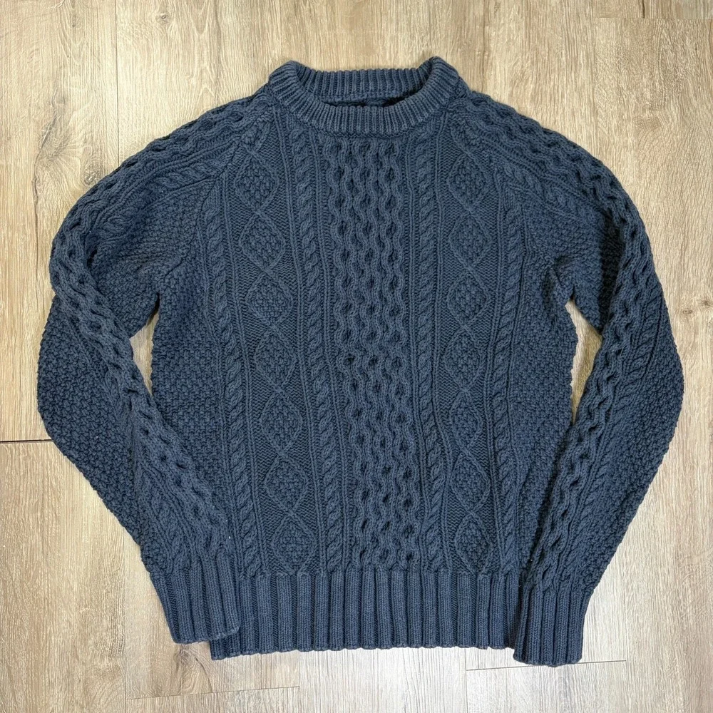 LL Bean Signature Cable Knit Fishermans Sweater Mens Small Blue Navy Cotton